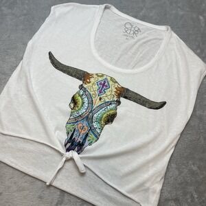 Chaser Womens Southwestern T Shirt Top Size M White Skull Graphic Tie Front